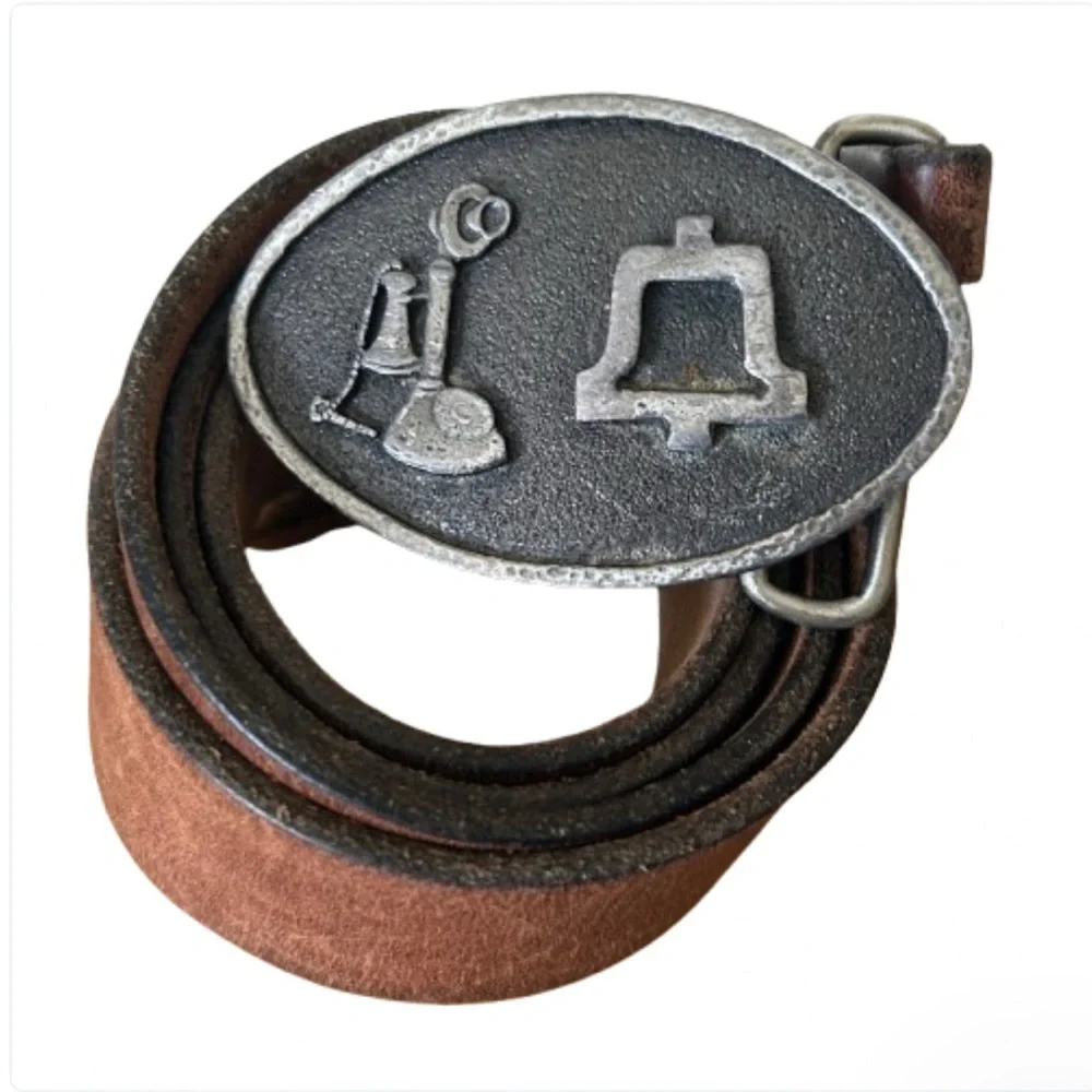 Rare Vtg Bell Telephone Lineman Silver Metal Belt Buckle and Vtg Leather Belt